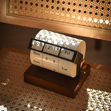 MEMORY FISH Rotary Perpetual Desk Calendar,Wooden Wheeling Calendar Month Week Day Date Display for Home Office,Reusable Reminder List Travel Record Card (Wheel Perpetual Calendar)