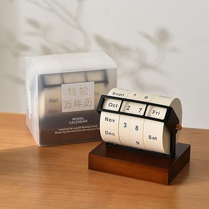 MEMORY FISH Rotary Perpetual Desk Calendar,Wooden Wheeling Calendar Month Week Day Date Display for Home Office,Reusable Reminder List Travel Record Card (Wheel Perpetual Calendar)