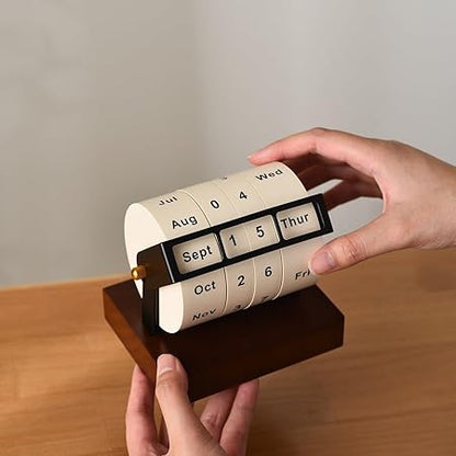 MEMORY FISH Rotary Perpetual Desk Calendar,Wooden Wheeling Calendar Month Week Day Date Display for Home Office,Reusable Reminder List Travel Record Card (Wheel Perpetual Calendar)