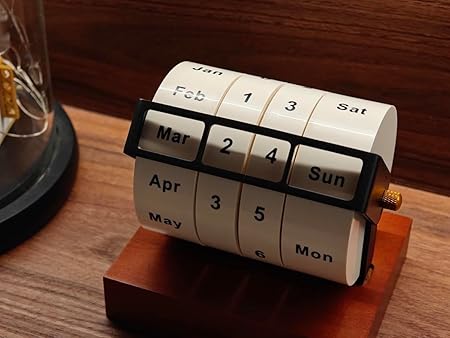 MEMORY FISH Rotary Perpetual Desk Calendar,Wooden Wheeling Calendar Month Week Day Date Display for Home Office,Reusable Reminder List Travel Record Card (Wheel Perpetual Calendar)