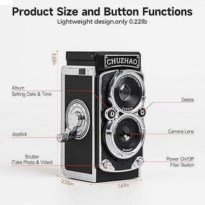 Vintage Mini Digital Camera with Date & Time Setting - Portable Retro TLR Style 1080P FHD Video 12MP Photos Autofocus Compact CHUZHAO Camera with 16GB Card for Beginners Teens Adults, Black