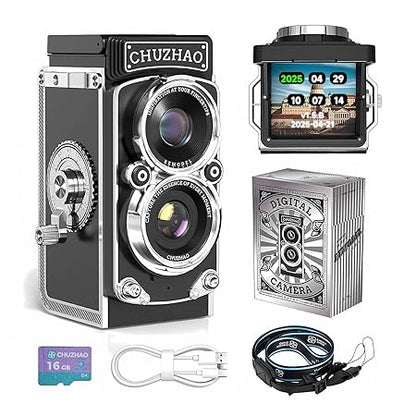 Vintage Mini Digital Camera with Date & Time Setting - Portable Retro TLR Style 1080P FHD Video 12MP Photos Autofocus Compact CHUZHAO Camera with 16GB Card for Beginners Teens Adults, Black