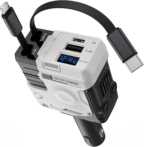 4 in 1 Retractable Car Charger, 127W Car Charger USB C Fast Charge with 2 Cables 2.6 FT and 2 USB Ports, 180° Adjustable Multi Port for iPhone/Ipad/Phone/Tablet/Laptop