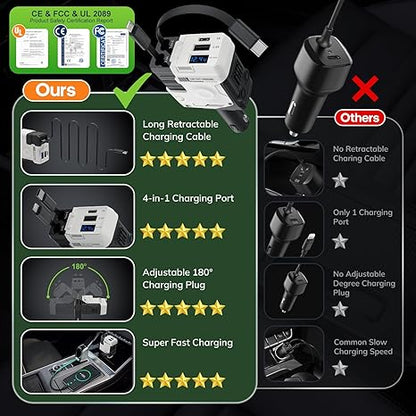 4 in 1 Retractable Car Charger, 127W Car Charger USB C Fast Charge with 2 Cables 2.6 FT and 2 USB Ports, 180° Adjustable Multi Port for iPhone/Ipad/Phone/Tablet/Laptop