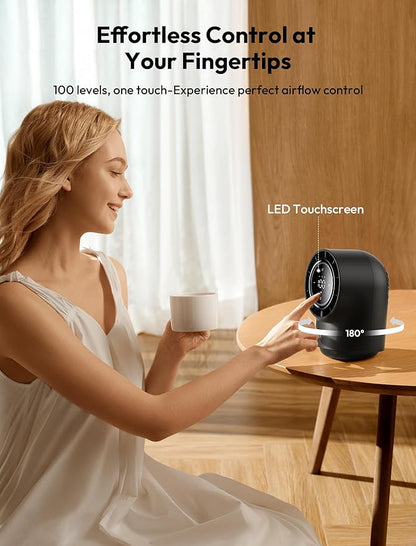 Aecooly Touch Control Desk Fan, 100 Speeds Quiet Bedroom Digital Display 8000mAh 3 Oscillation Angles Battery Powered Small Desktop Table Fan for Bedroom, Bedside, Office, Travel -Black