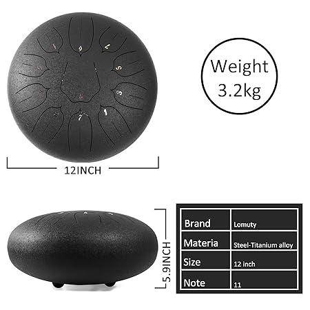 Steel Tongue Drum - 11 Notes 12 inches - Percussion Instrument -Handpan Drum with Bag, Music Book, Mallets, Finger Picks