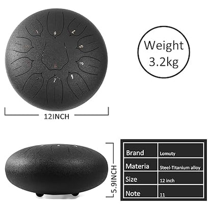 Steel Tongue Drum - 11 Notes 12 inches - Percussion Instrument -Handpan Drum with Bag, Music Book, Mallets, Finger Picks
