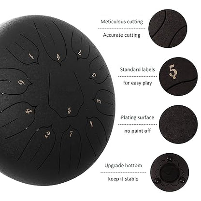 Steel Tongue Drum - 11 Notes 12 inches - Percussion Instrument -Handpan Drum with Bag, Music Book, Mallets, Finger Picks