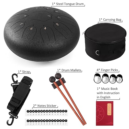 Steel Tongue Drum - 11 Notes 12 inches - Percussion Instrument -Handpan Drum with Bag, Music Book, Mallets, Finger Picks