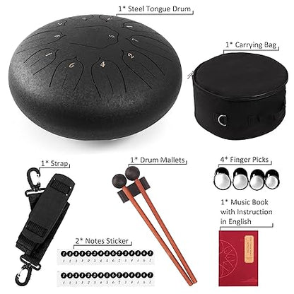 Steel Tongue Drum - 11 Notes 12 inches - Percussion Instrument -Handpan Drum with Bag, Music Book, Mallets, Finger Picks