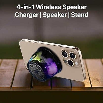 Vaku Luxos® 4-in-1 Magnetic Bluetooth Speaker 15W Wireless Charger for iPhone, iwatch & Airpods RGB Light 7 Hours Listening Time TWS Pairing Portable Phone Stand