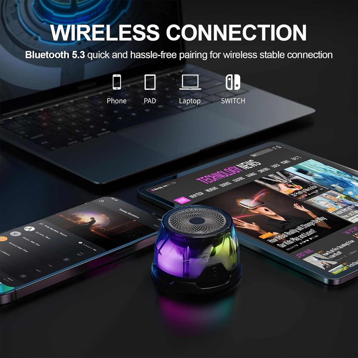 Vaku Luxos® 4-in-1 Magnetic Bluetooth Speaker 15W Wireless Charger for iPhone, iwatch & Airpods RGB Light 7 Hours Listening Time TWS Pairing Portable Phone Stand